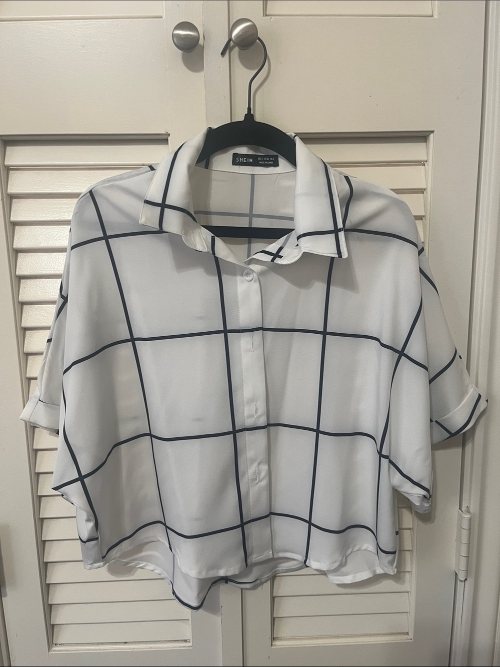 SHEIN White Button-Up Blouse with Black Grid